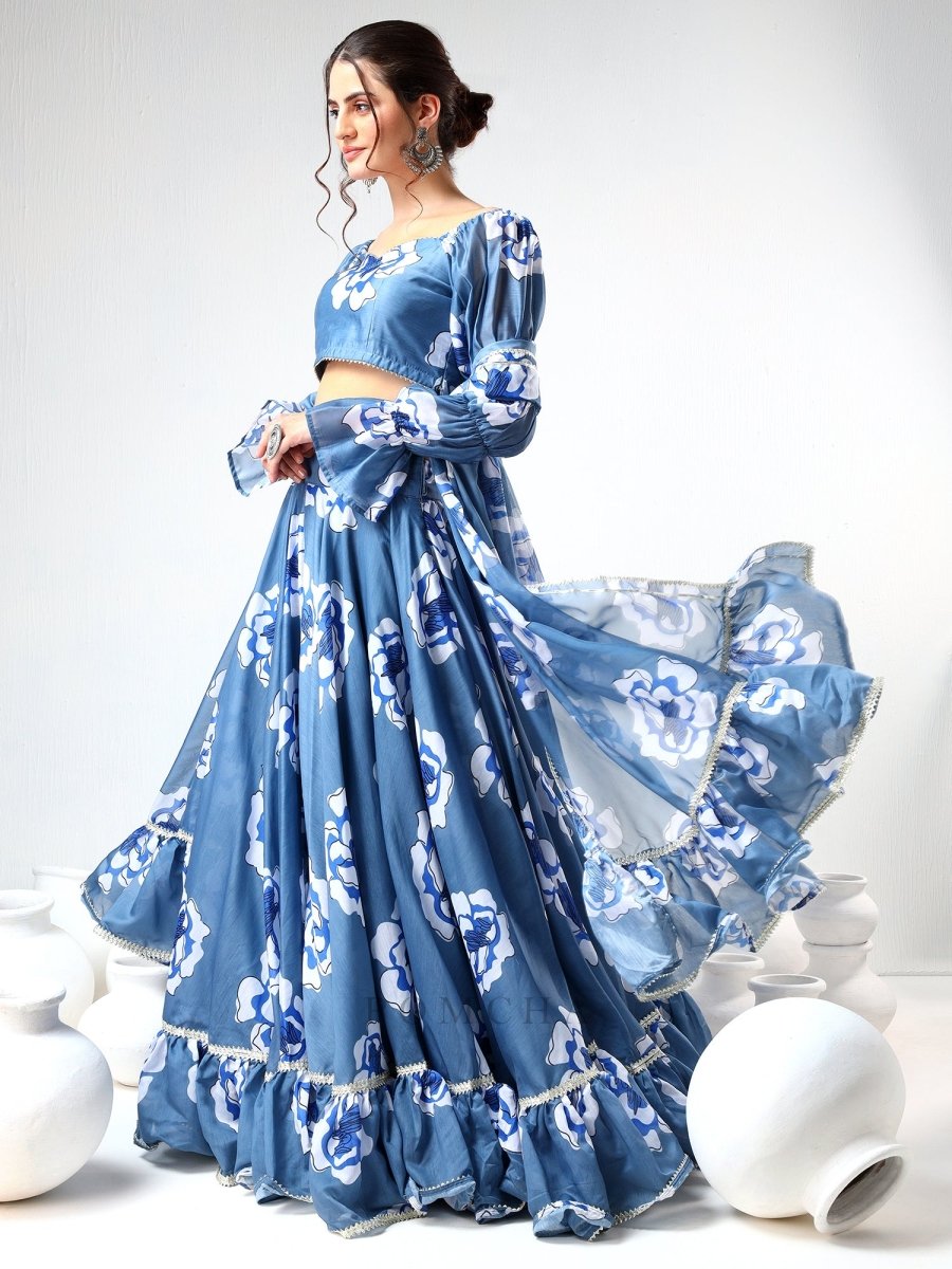 SADABHAR POWDER BLUE CARNATION ORGANZA LEHENGA SET - Pomcha Jaipur