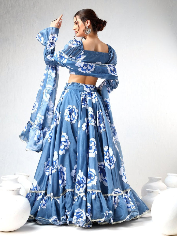 SADABHAR POWDER BLUE CARNATION ORGANZA LEHENGA SET - Pomcha Jaipur