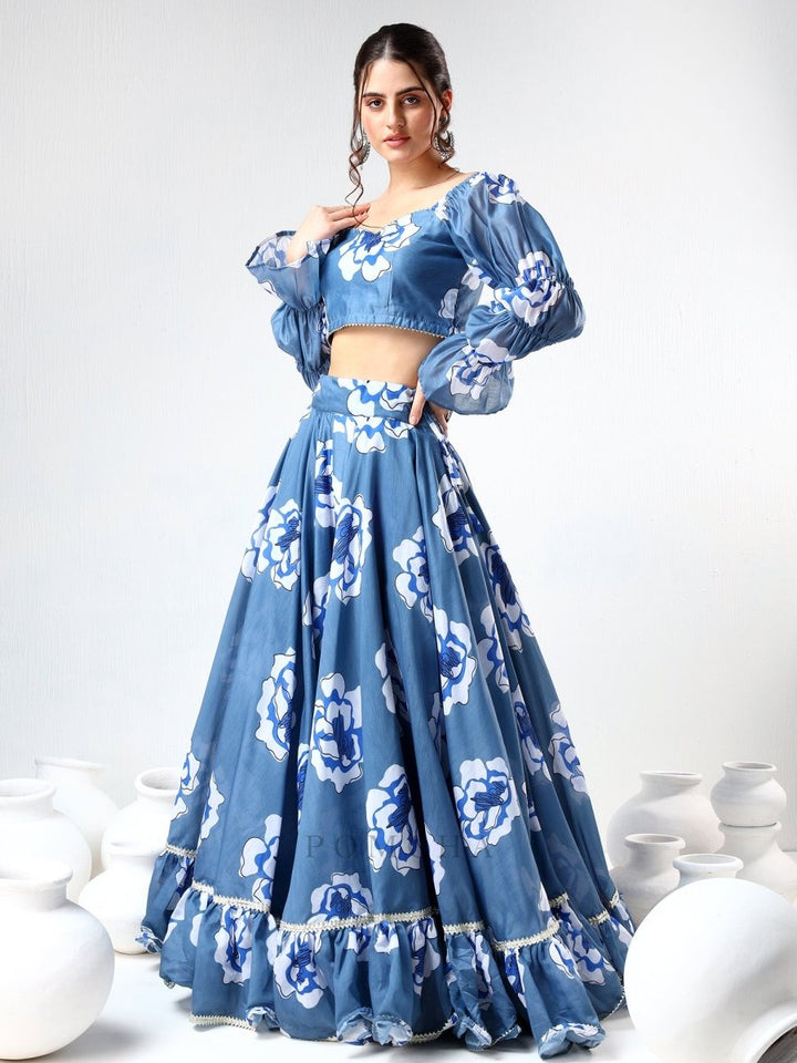 SADABHAR POWDER BLUE CARNATION ORGANZA LEHENGA SET - Pomcha Jaipur
