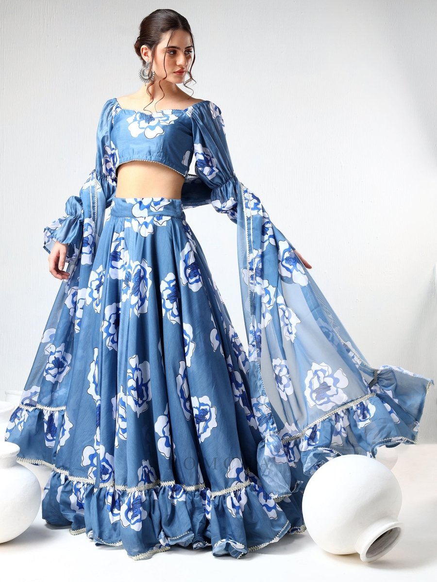 SADABHAR POWDER BLUE CARNATION ORGANZA LEHENGA SET - Pomcha Jaipur