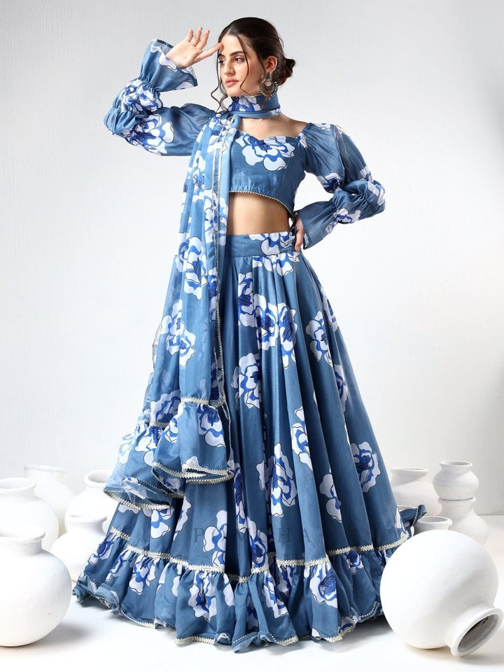 SADABHAR POWDER BLUE CARNATION ORGANZA LEHENGA SET - Pomcha Jaipur