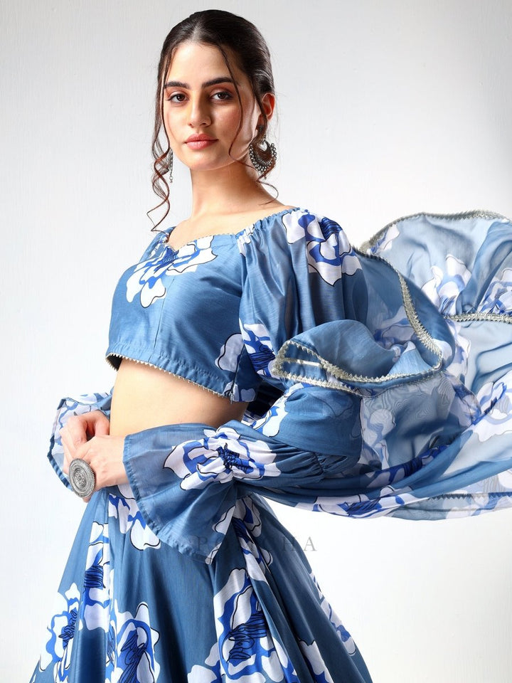 SADABHAR POWDER BLUE CARNATION ORGANZA LEHENGA SET - Pomcha Jaipur