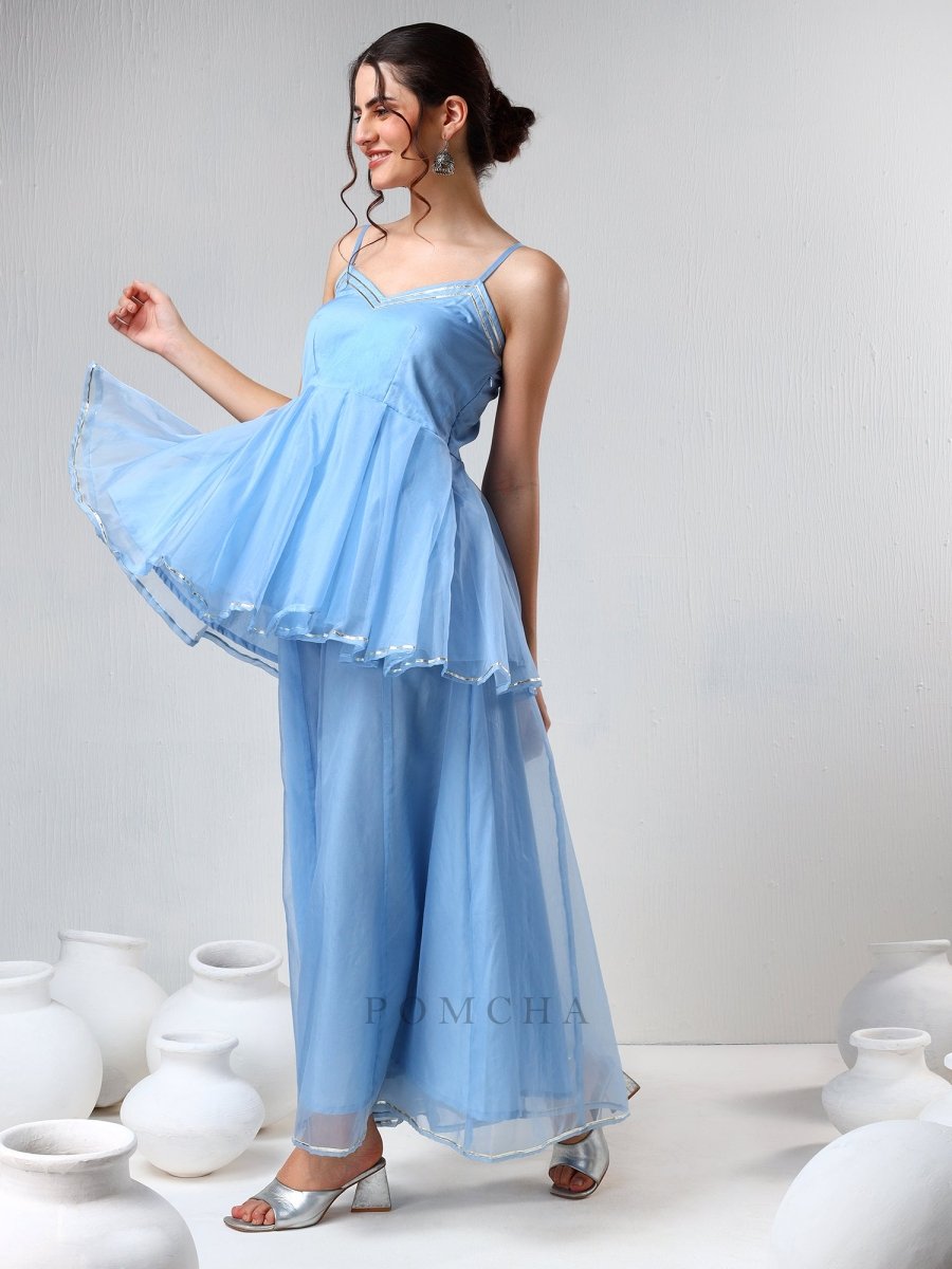SADABHAR POWDER BLUE ORGANZA COORD SET - Pomcha Jaipur