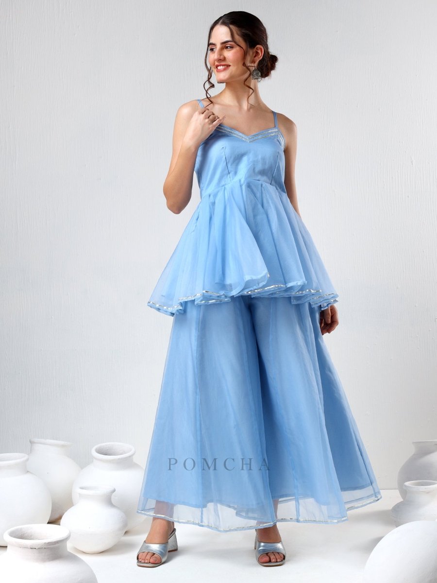 SADABHAR POWDER BLUE ORGANZA COORD SET - Pomcha Jaipur