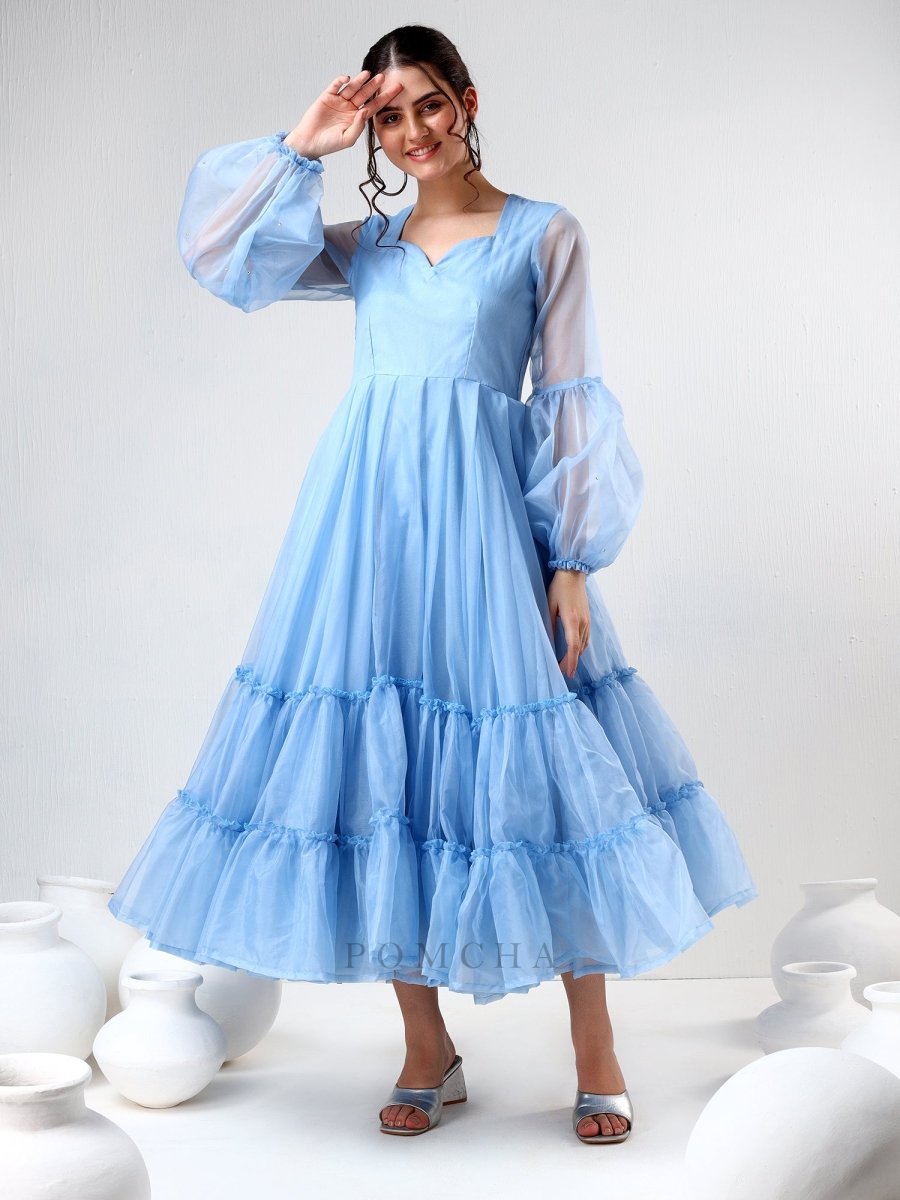SADABHAR POWDER BLUE ORGANZA DRESS - Pomcha Jaipur
