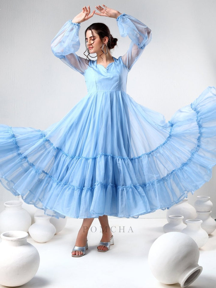 SADABHAR POWDER BLUE ORGANZA DRESS - Pomcha Jaipur