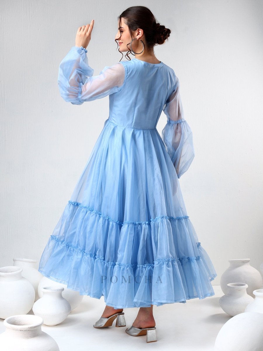 SADABHAR POWDER BLUE ORGANZA DRESS - Pomcha Jaipur