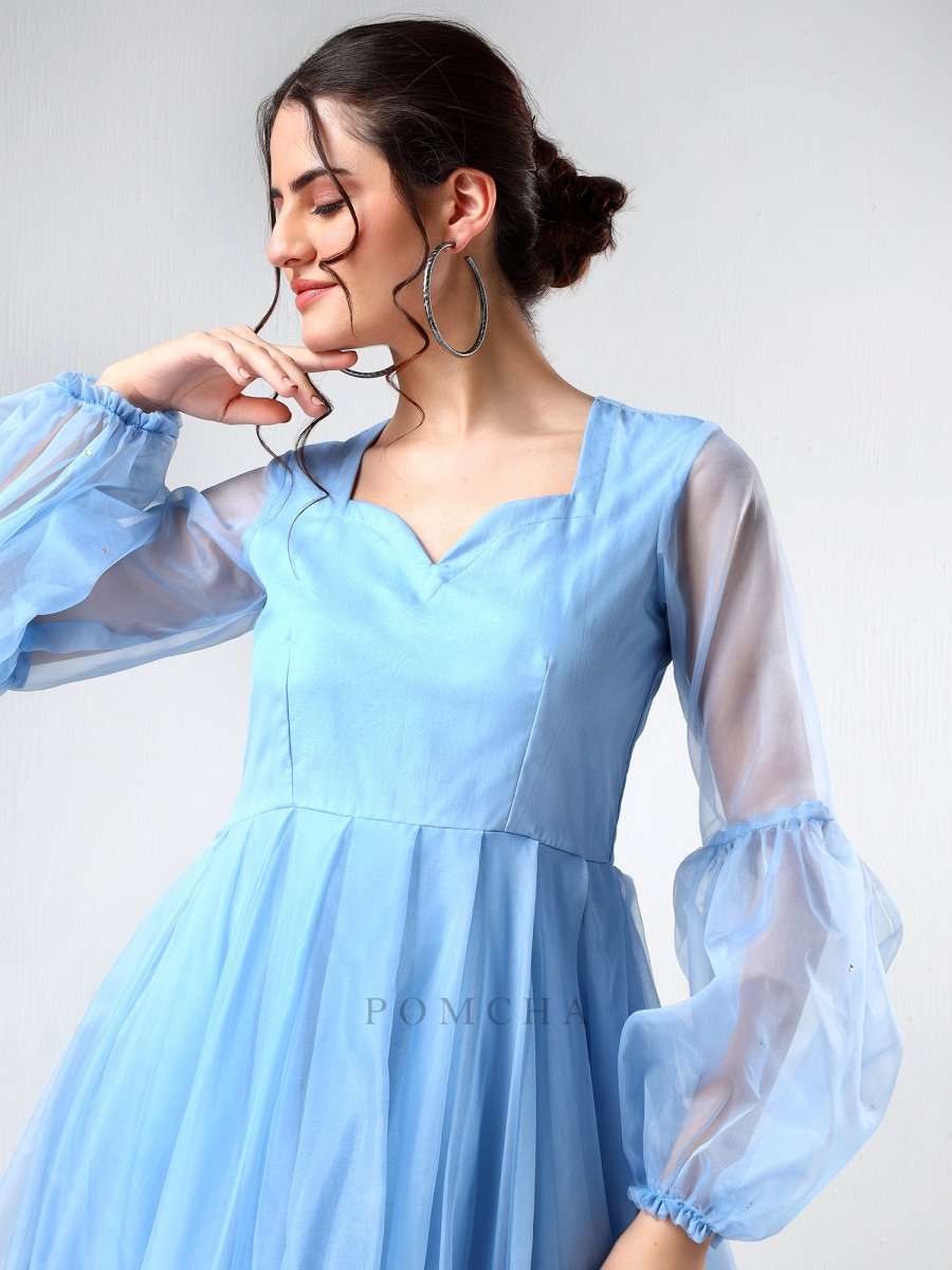 SADABHAR POWDER BLUE ORGANZA DRESS - Pomcha Jaipur