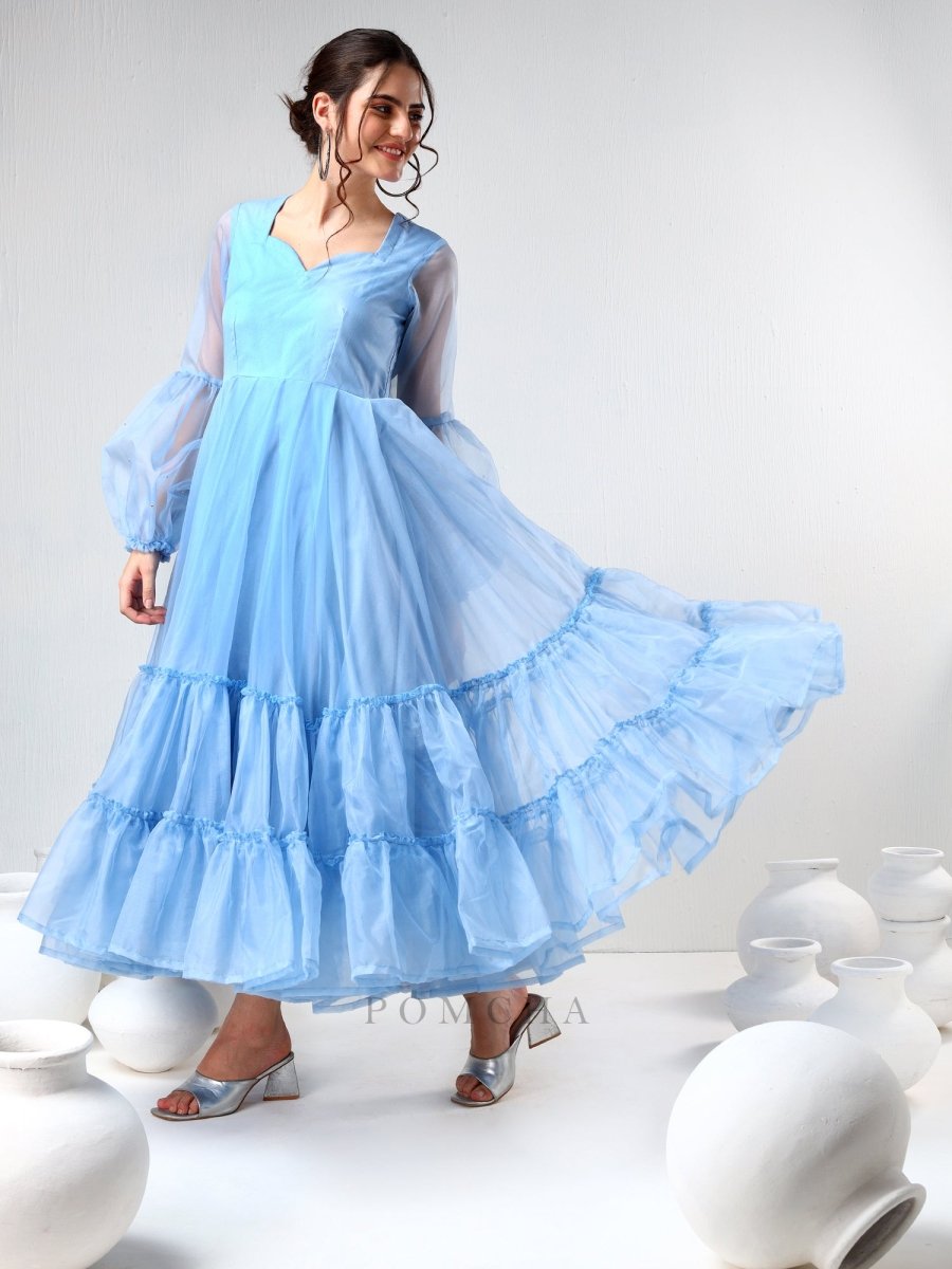 SADABHAR POWDER BLUE ORGANZA DRESS - Pomcha Jaipur