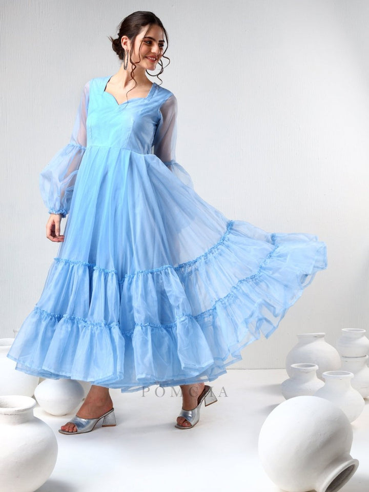 SADABHAR POWDER BLUE ORGANZA DRESS - Pomcha Jaipur