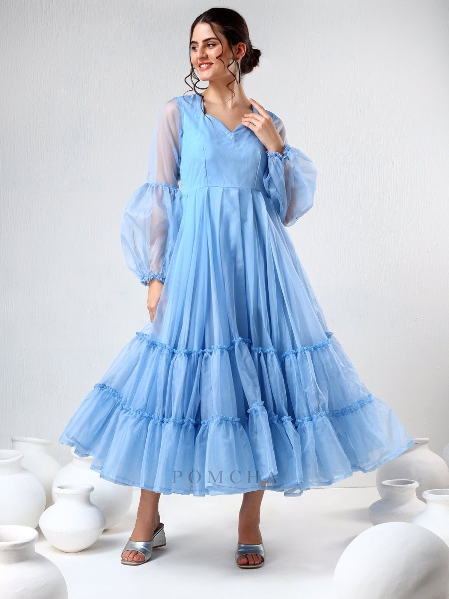 SADABHAR POWDER BLUE ORGANZA DRESS - Pomcha Jaipur