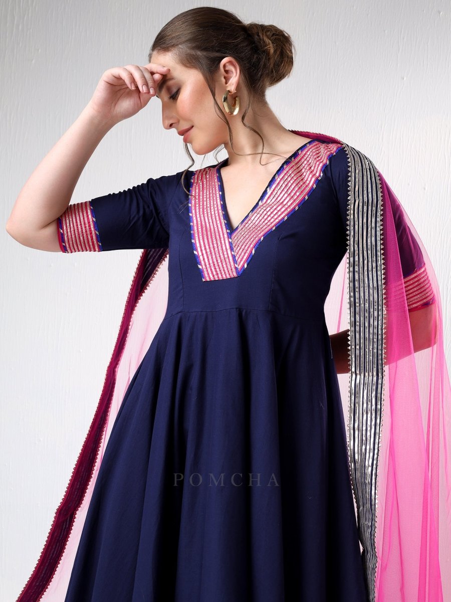SADABHAR ROYAL BLUE RAANI PINK COTTON SILK ANARKALI SET - Pomcha Jaipur