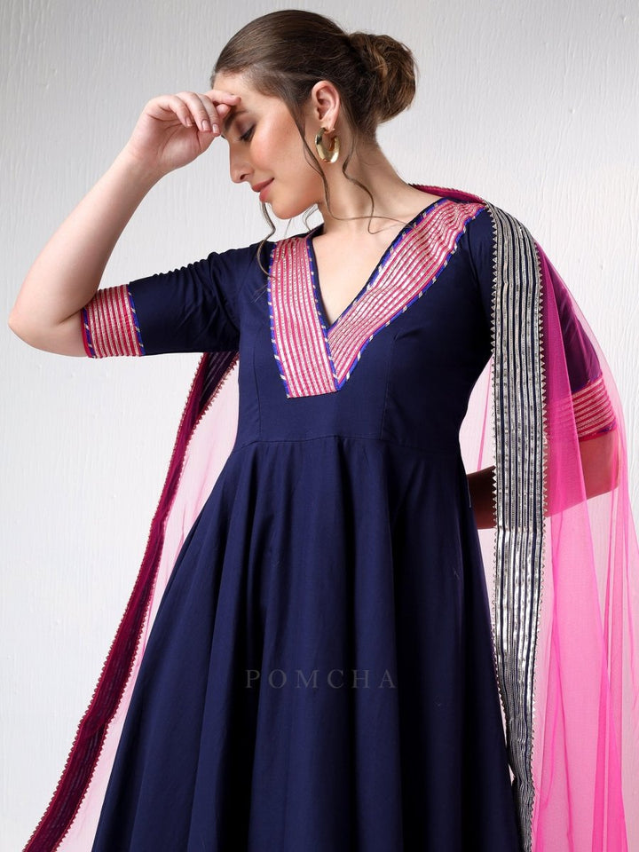 SADABHAR ROYAL BLUE RAANI PINK COTTON SILK ANARKALI SET - Pomcha Jaipur