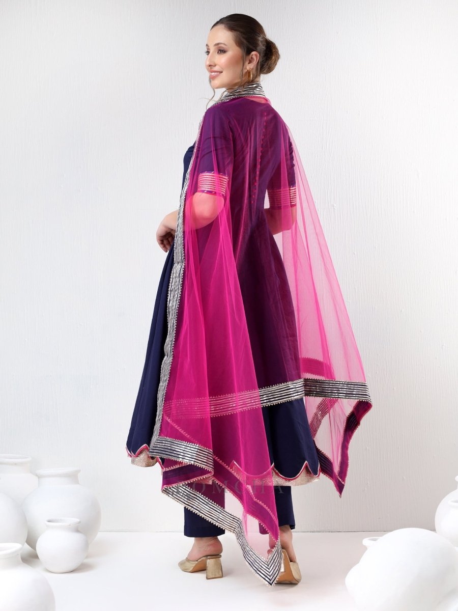 SADABHAR ROYAL BLUE RAANI PINK COTTON SILK ANARKALI SET - Pomcha Jaipur