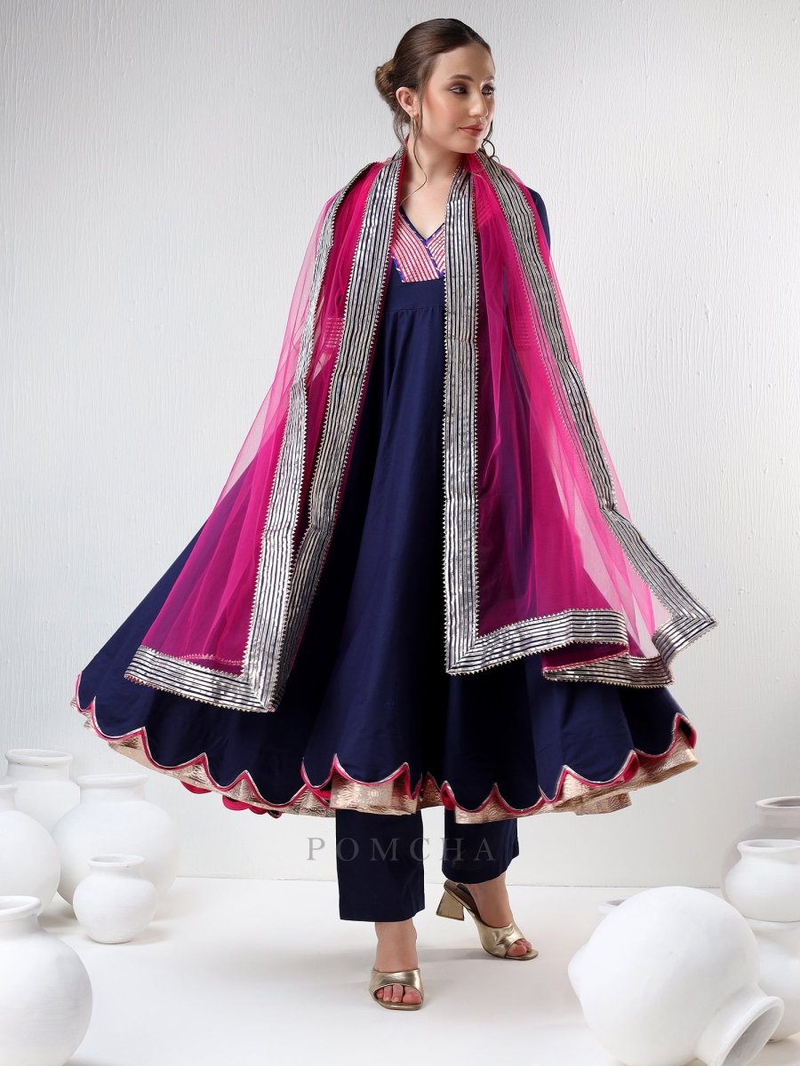 SADABHAR ROYAL BLUE RAANI PINK COTTON SILK ANARKALI SET - Pomcha Jaipur