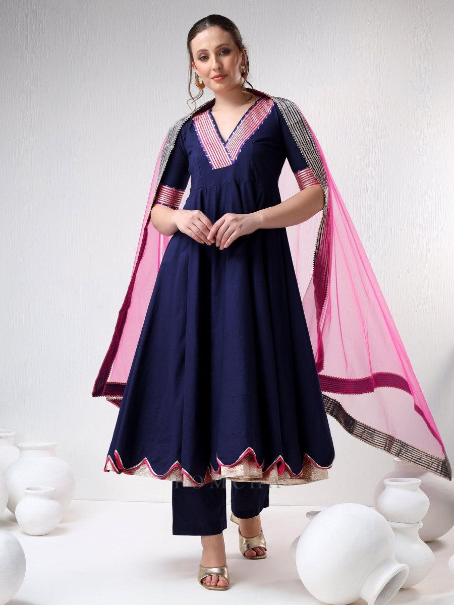 SADABHAR ROYAL BLUE RAANI PINK COTTON SILK ANARKALI SET - Pomcha Jaipur