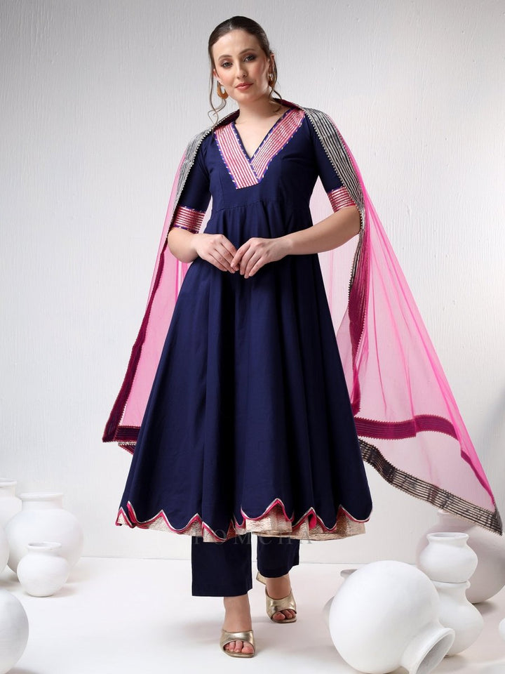 SADABHAR ROYAL BLUE RAANI PINK COTTON SILK ANARKALI SET - Pomcha Jaipur