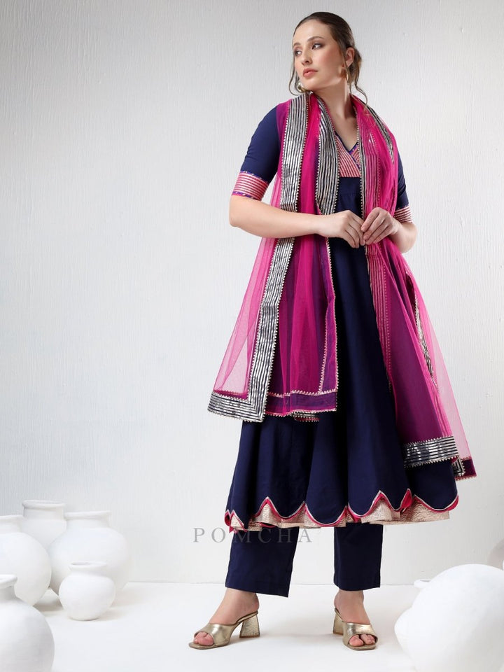 SADABHAR ROYAL BLUE RAANI PINK COTTON SILK ANARKALI SET - Pomcha Jaipur
