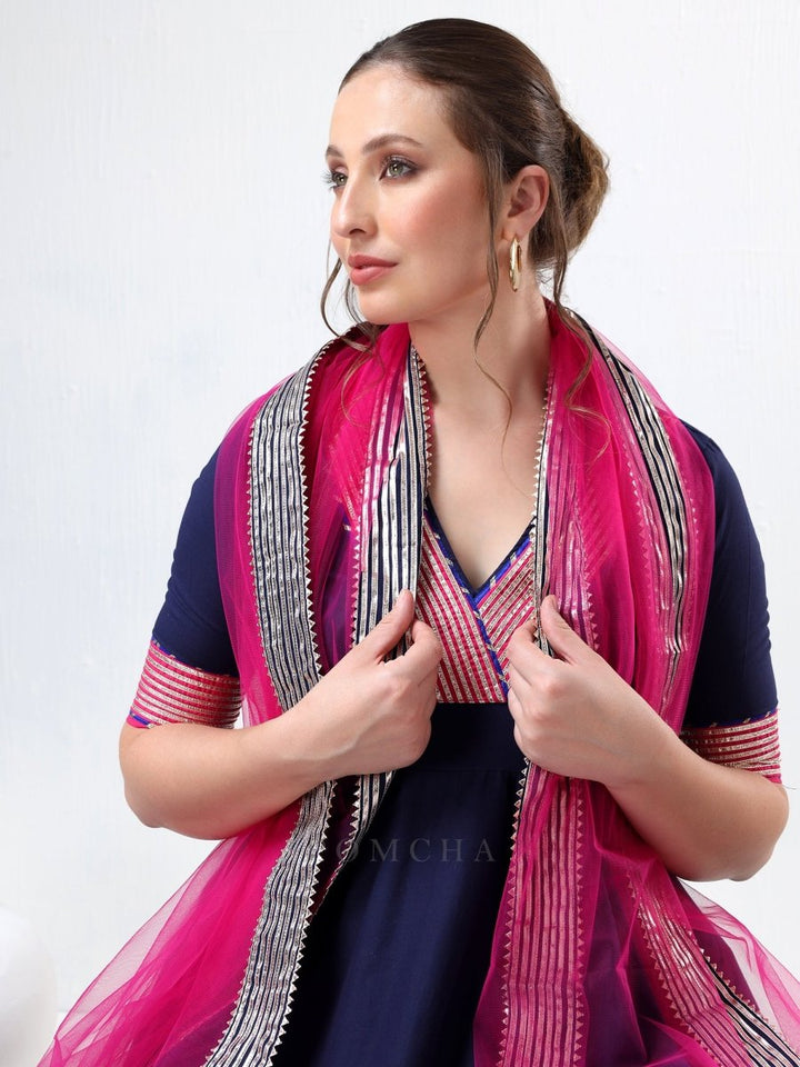 SADABHAR ROYAL BLUE RAANI PINK COTTON SILK ANARKALI SET - Pomcha Jaipur