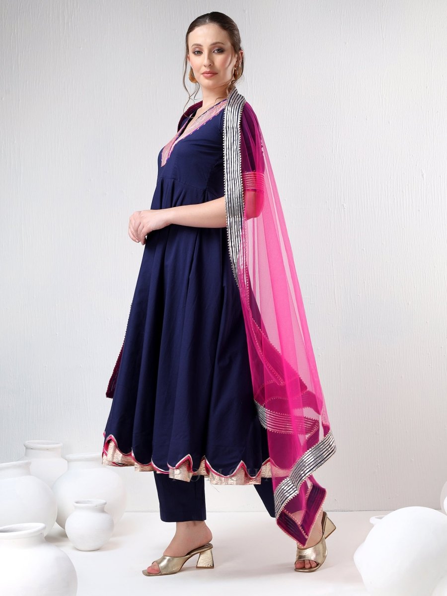 SADABHAR ROYAL BLUE RAANI PINK COTTON SILK ANARKALI SET - Pomcha Jaipur