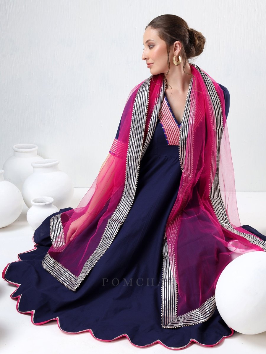 SADABHAR ROYAL BLUE RAANI PINK COTTON SILK ANARKALI SET - Pomcha Jaipur