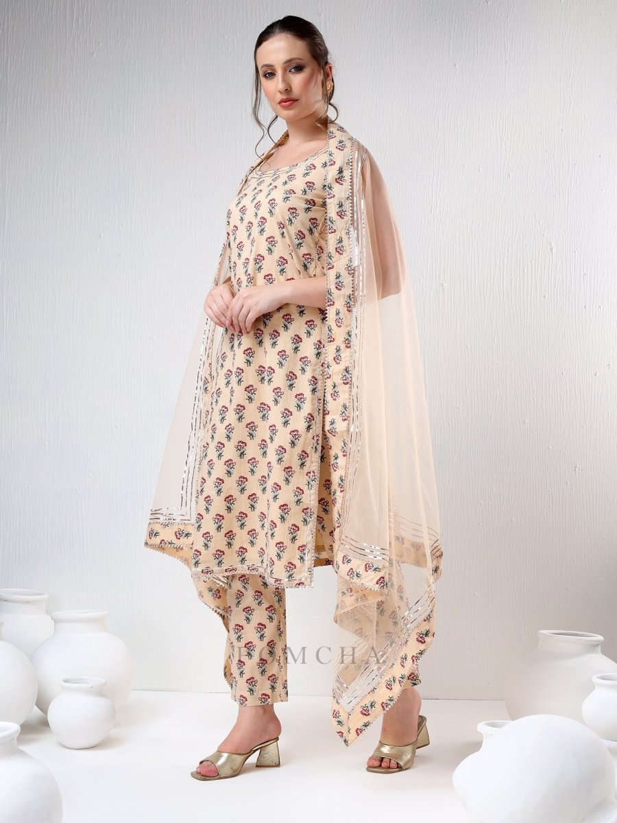 SADABHAR SAND COLOR COTTON SUIT SET - Pomcha Jaipur