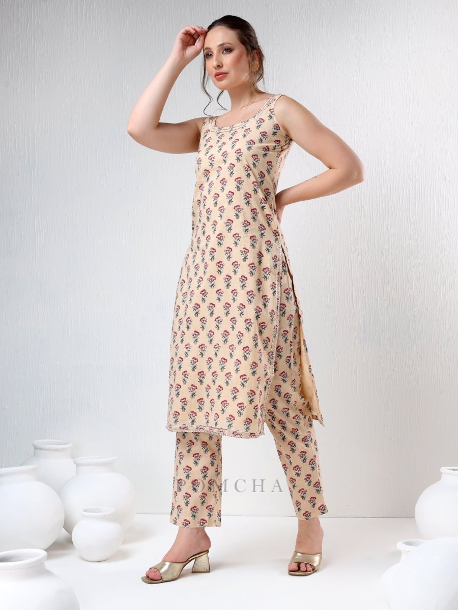 SADABHAR SAND COLOR COTTON SUIT SET - Pomcha Jaipur