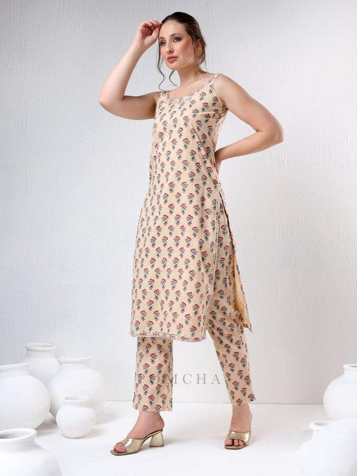 SADABHAR SAND COLOR COTTON SUIT SET - Pomcha Jaipur