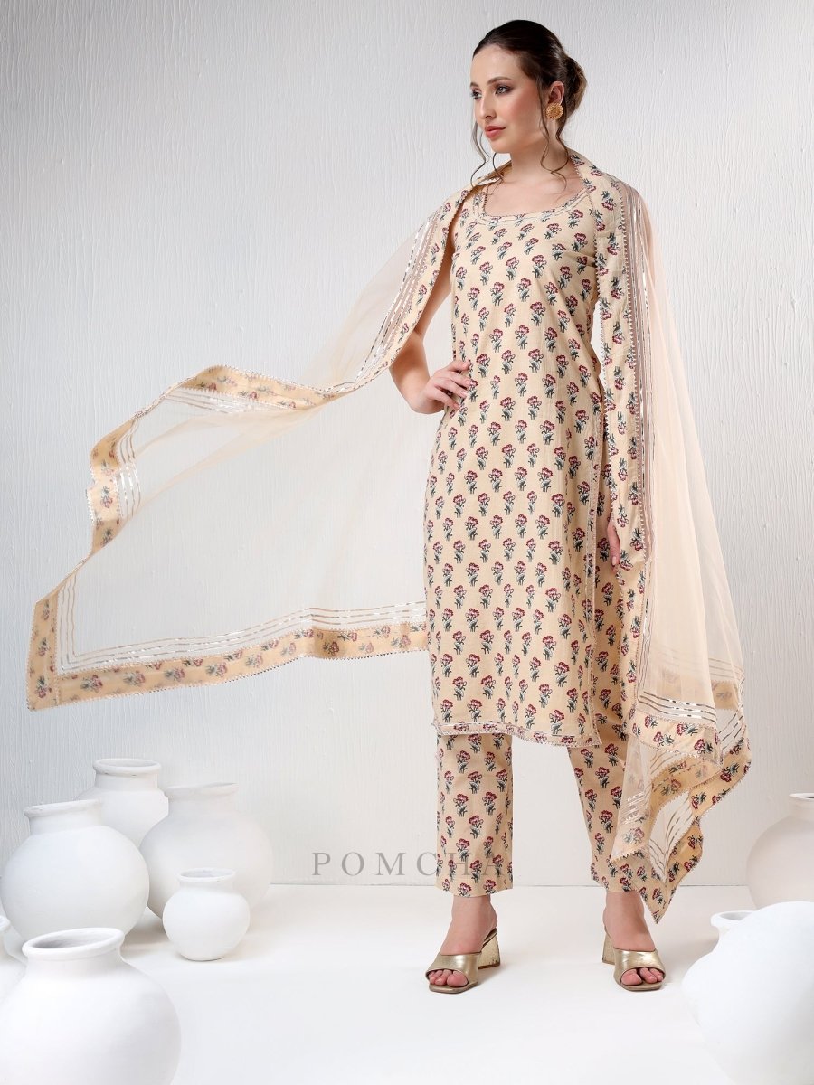 SADABHAR SAND COLOR COTTON SUIT SET - Pomcha Jaipur