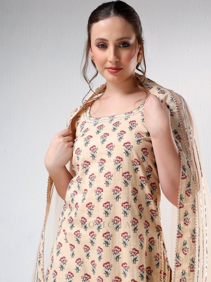 SADABHAR SAND COLOR COTTON SUIT SET - Pomcha Jaipur