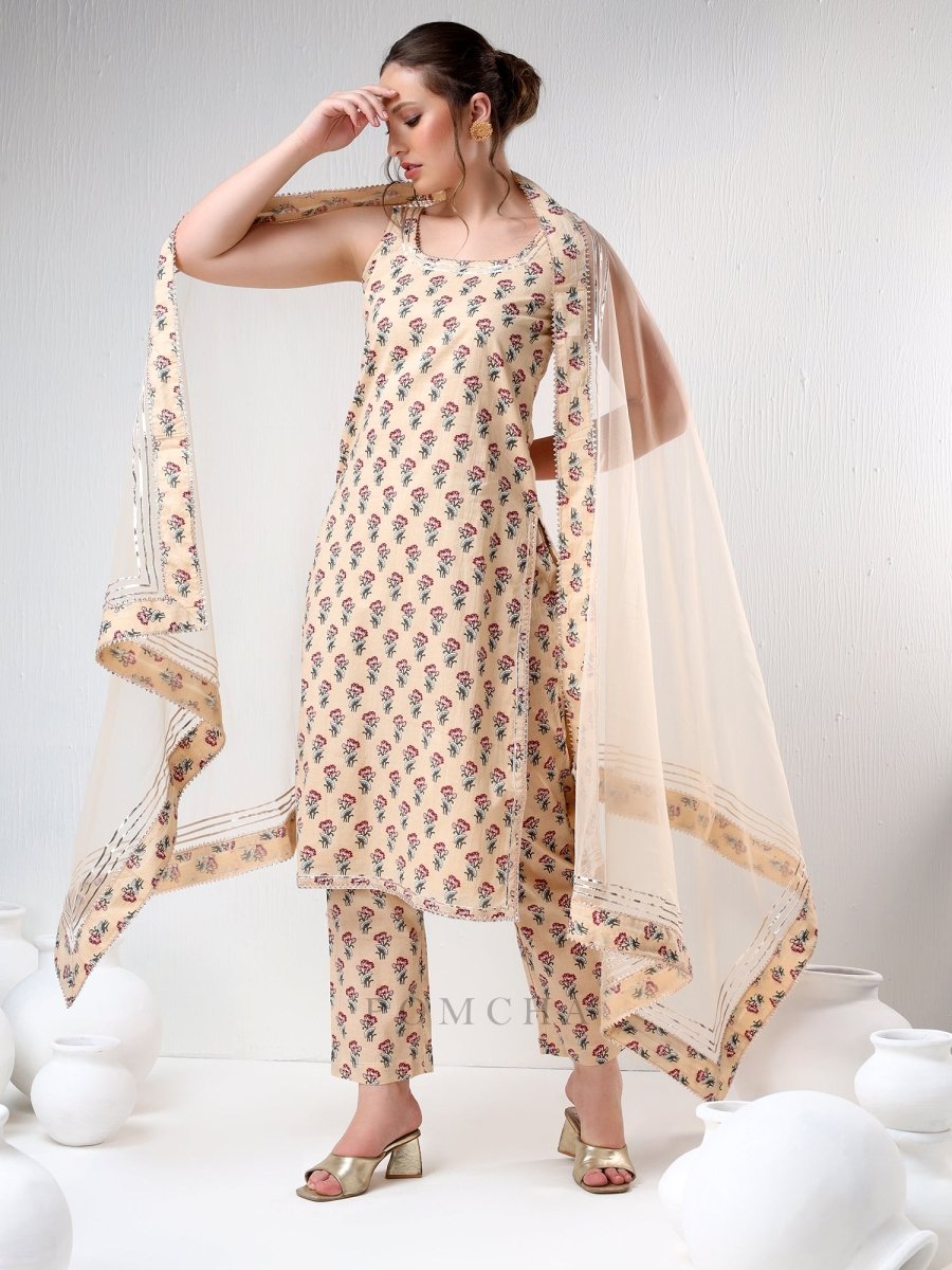 SADABHAR SAND COLOR COTTON SUIT SET - Pomcha Jaipur
