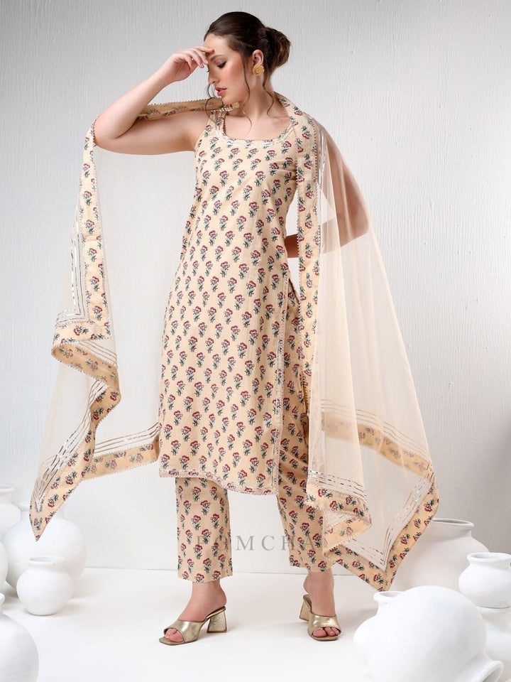 SADABHAR SAND COLOR COTTON SUIT SET - Pomcha Jaipur