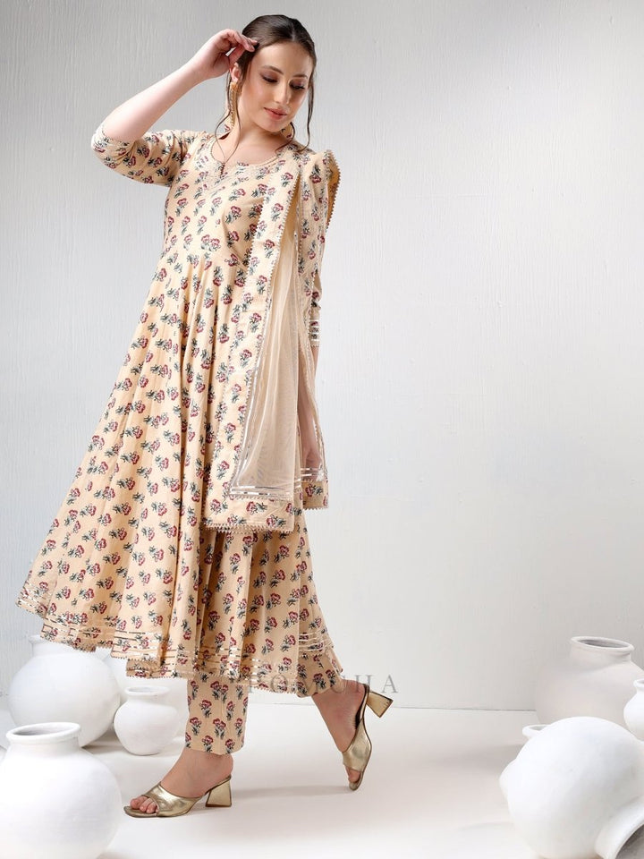 SADABHAR SAND FLORAL PRINT COTTON ANARKALI SET - Pomcha Jaipur