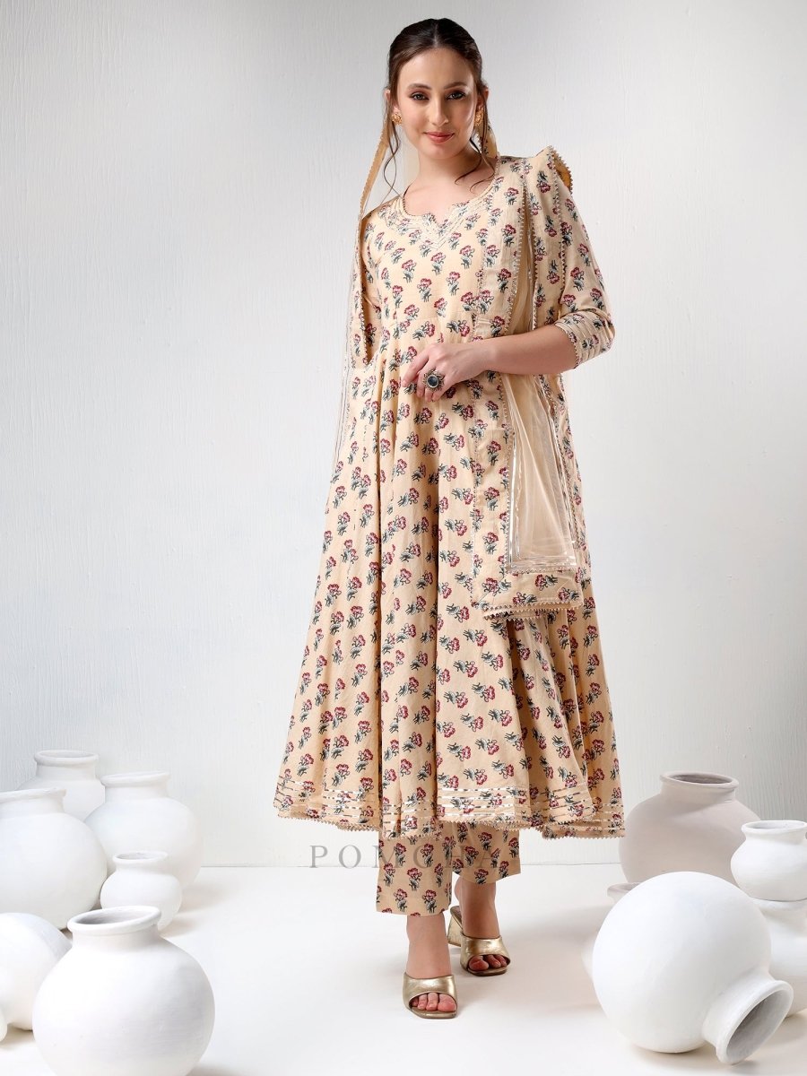 SADABHAR SAND FLORAL PRINT COTTON ANARKALI SET - Pomcha Jaipur