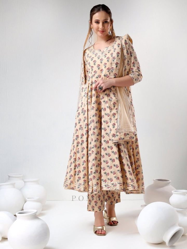 SADABHAR SAND FLORAL PRINT COTTON ANARKALI SET - Pomcha Jaipur
