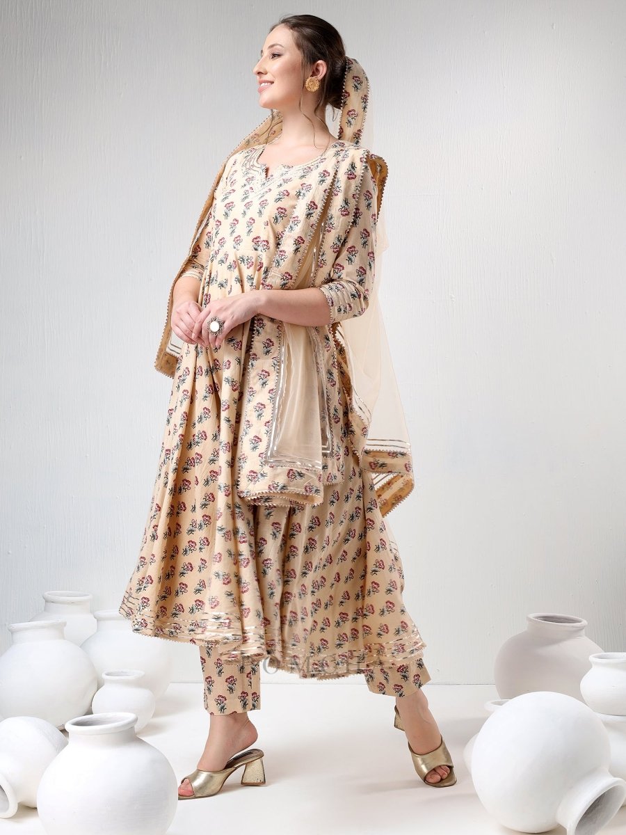 SADABHAR SAND FLORAL PRINT COTTON ANARKALI SET - Pomcha Jaipur