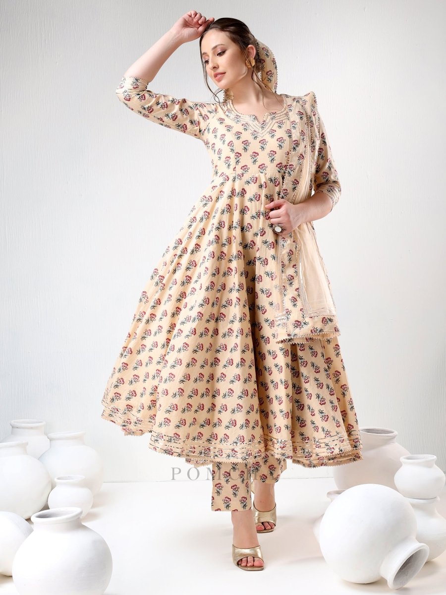 SADABHAR SAND FLORAL PRINT COTTON ANARKALI SET - Pomcha Jaipur