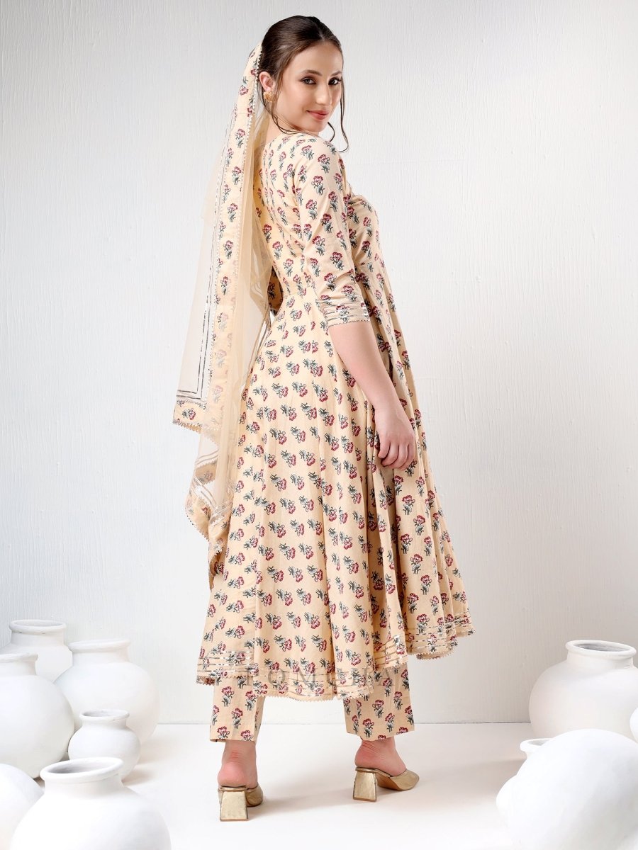 SADABHAR SAND FLORAL PRINT COTTON ANARKALI SET - Pomcha Jaipur