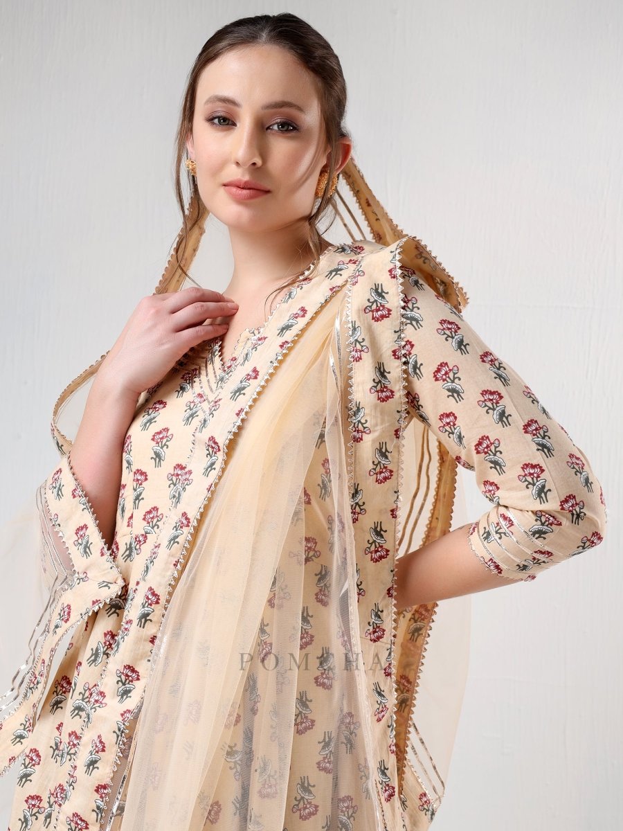SADABHAR SAND FLORAL PRINT COTTON ANARKALI SET - Pomcha Jaipur