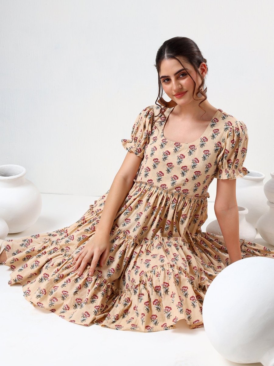 SADABHAR SAND FLORAL PRINT COTTON TIERED DRESS - Pomcha Jaipur