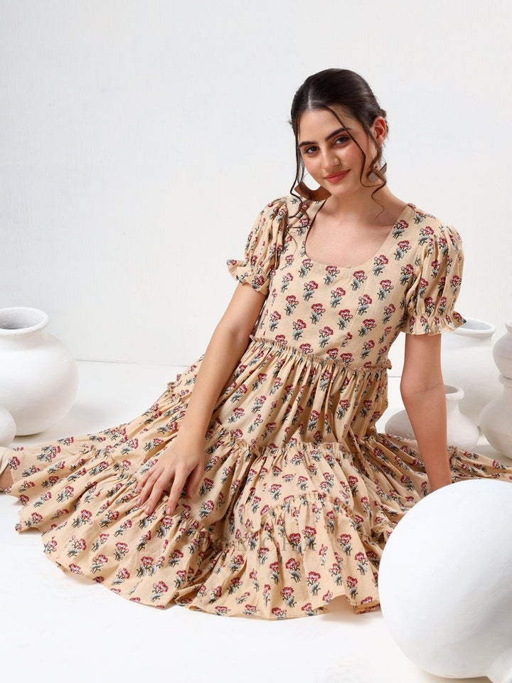 SADABHAR SAND FLORAL PRINT COTTON TIERED DRESS - Pomcha Jaipur