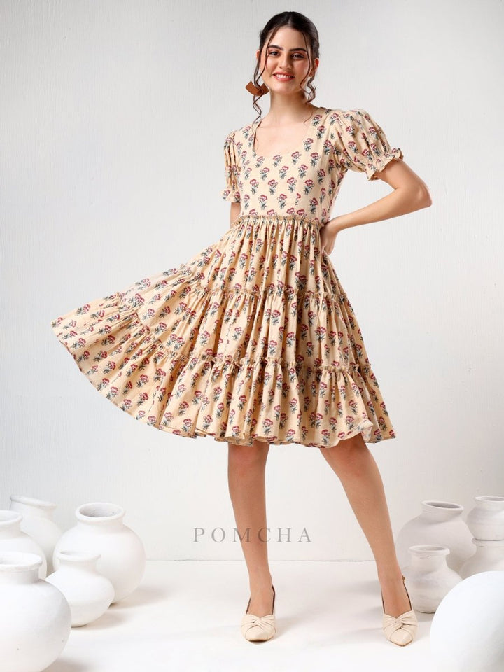 SADABHAR SAND FLORAL PRINT COTTON TIERED DRESS - Pomcha Jaipur