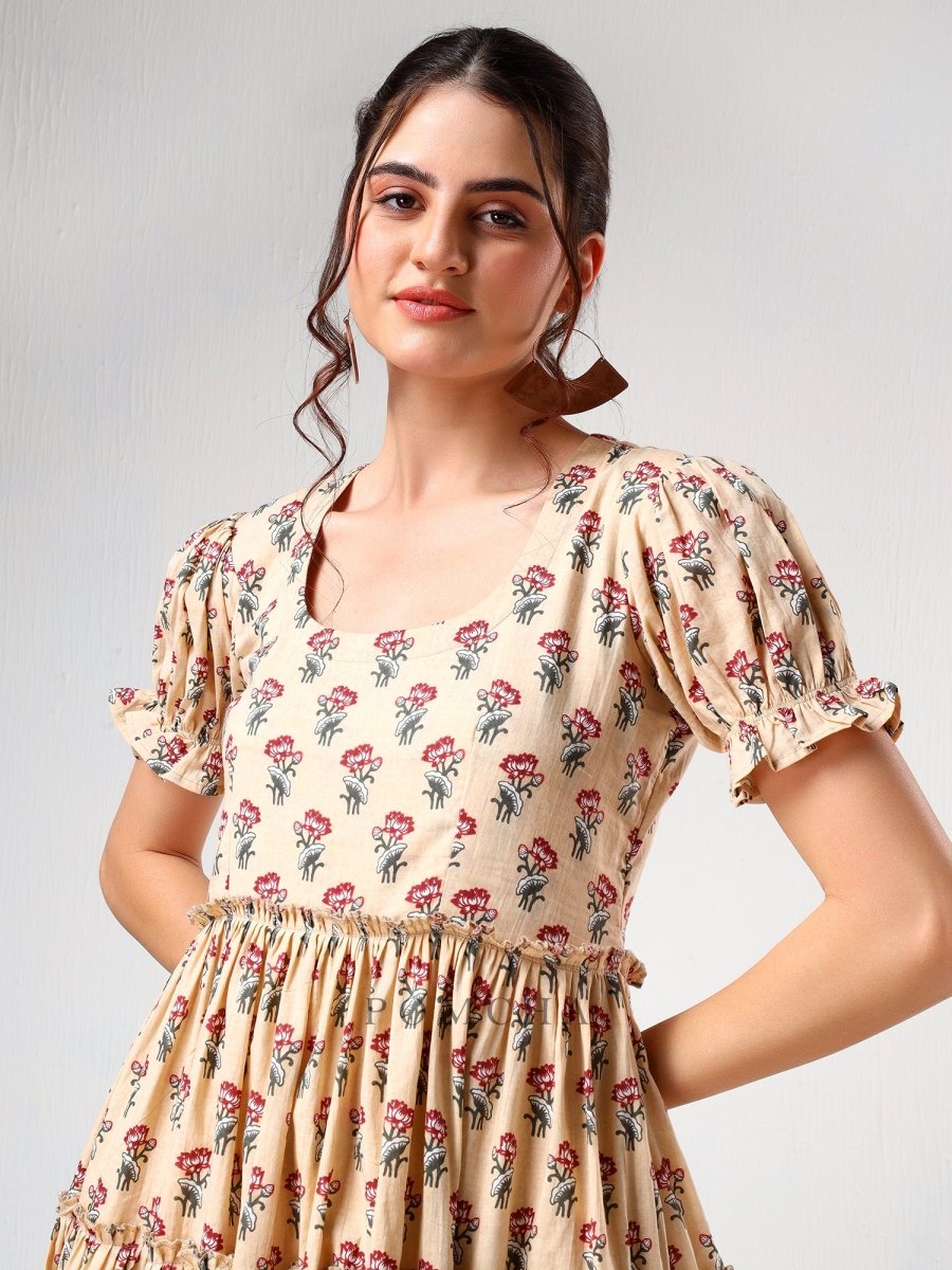 SADABHAR SAND FLORAL PRINT COTTON TIERED DRESS - Pomcha Jaipur
