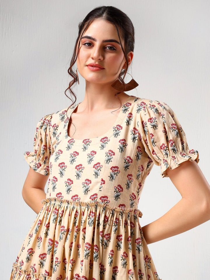 SADABHAR SAND FLORAL PRINT COTTON TIERED DRESS - Pomcha Jaipur