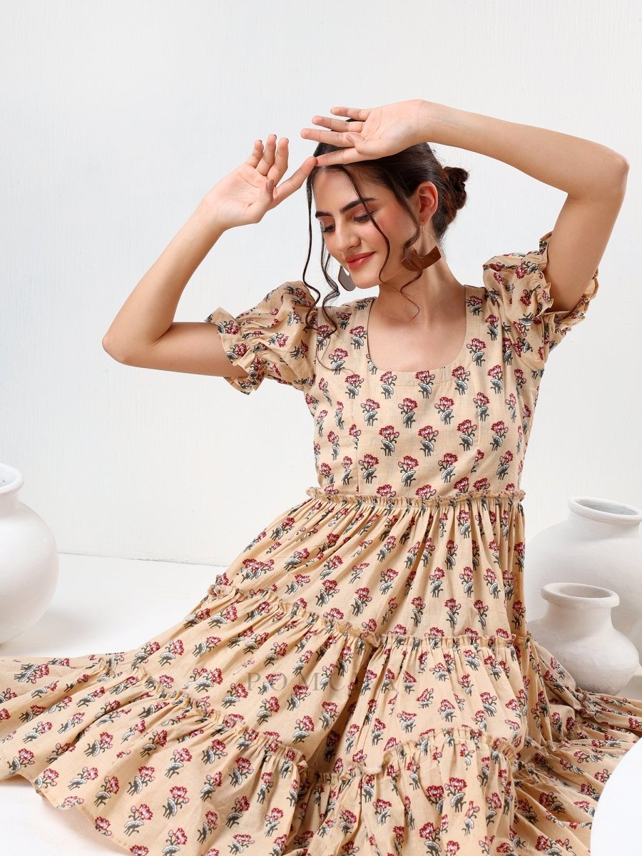 SADABHAR SAND FLORAL PRINT COTTON TIERED DRESS - Pomcha Jaipur