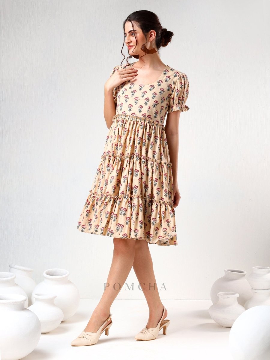 SADABHAR SAND FLORAL PRINT COTTON TIERED DRESS - Pomcha Jaipur