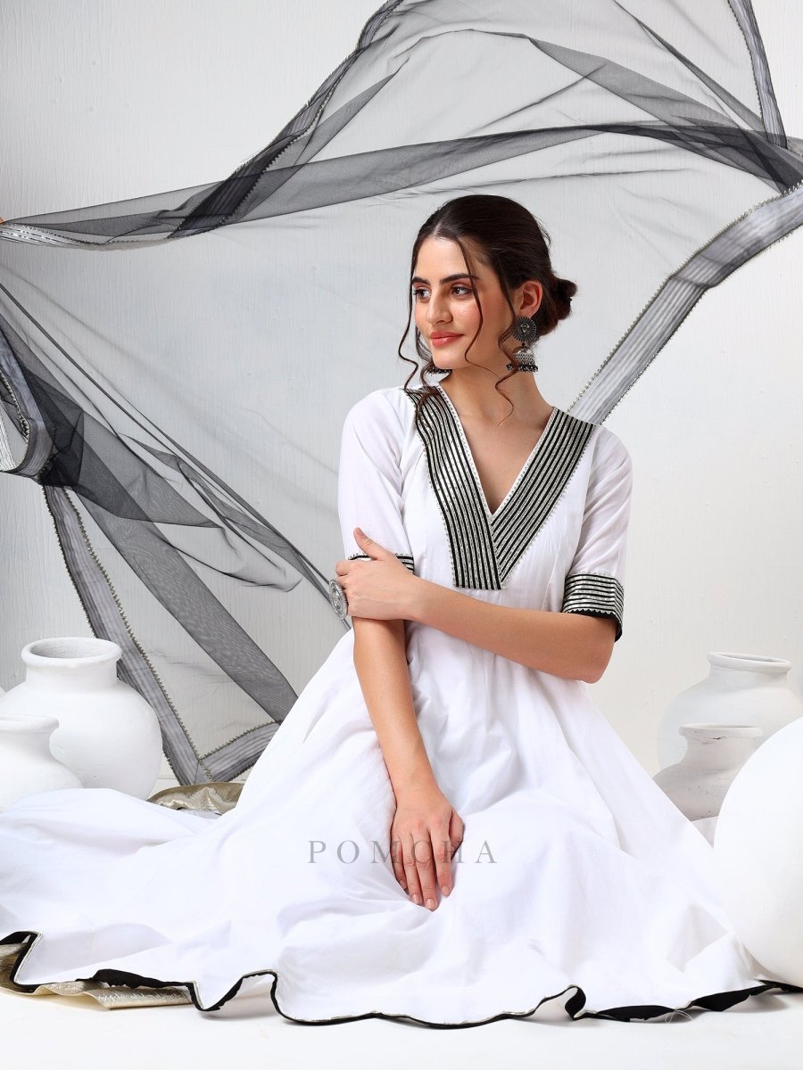 SADABHAR WHITE AND BLACK COTTON ANARKALI SET - Pomcha Jaipur