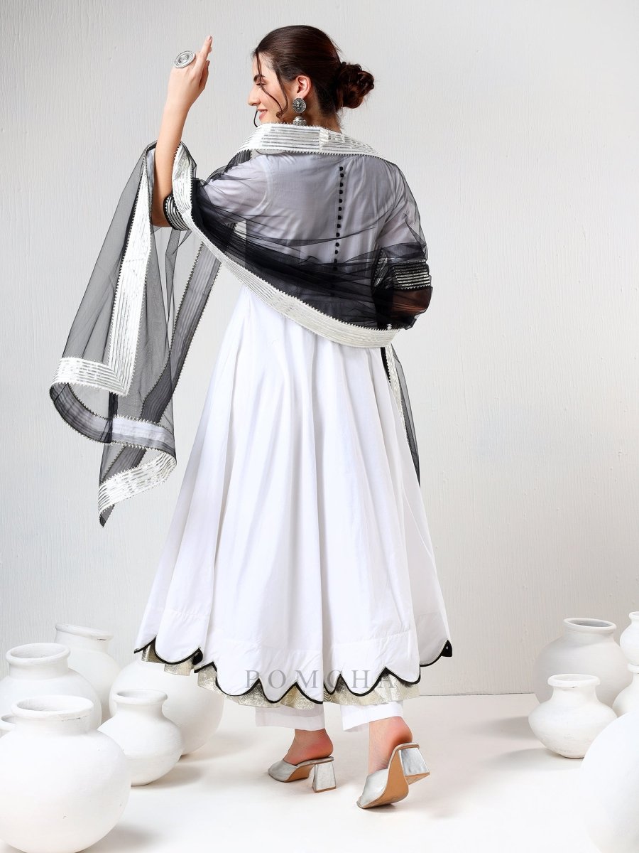 SADABHAR WHITE AND BLACK COTTON ANARKALI SET - Pomcha Jaipur