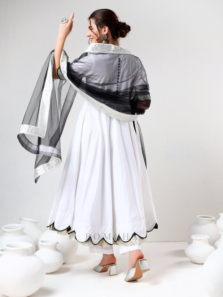 SADABHAR WHITE AND BLACK COTTON ANARKALI SET - Pomcha Jaipur