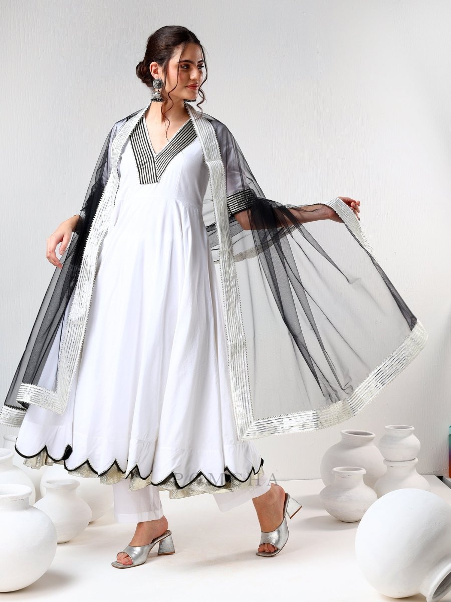 SADABHAR WHITE AND BLACK COTTON ANARKALI SET - Pomcha Jaipur